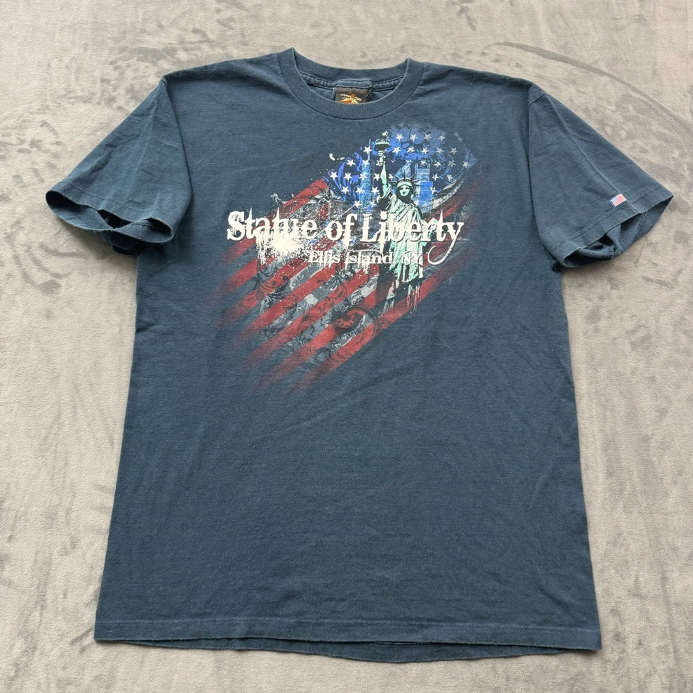 Prairie Mountain Statue of Liberty Ellis Island NY Graphic T-Shirt Navy Blue L